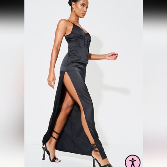 Pretty little thing black satin corset top low back maxi dress (10) Whimsigoth - Picture 6 of 13